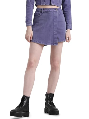 ONLY Women Solid Cotton High Rise Blue Denim Skort