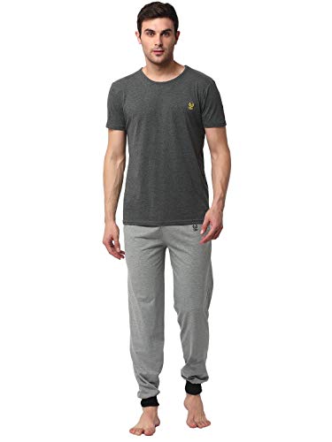 Mack JONNEY Cotton Blend Night Suit Co-ord Set for Men with Round Neck Half Sleeve T-Shirt and Track Pant-T_ANT_D9_MLG_02-XL