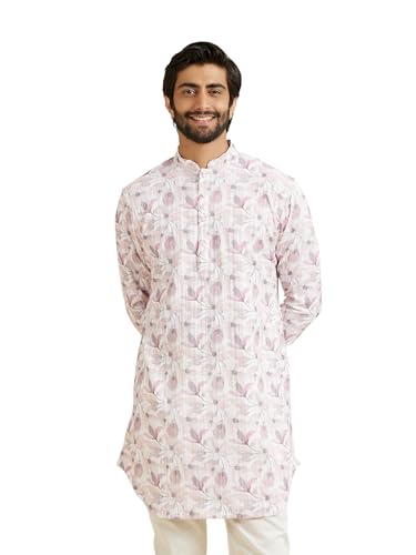 Manyavar Men's Spandex Floral Printed Kurta(Pink,XL)