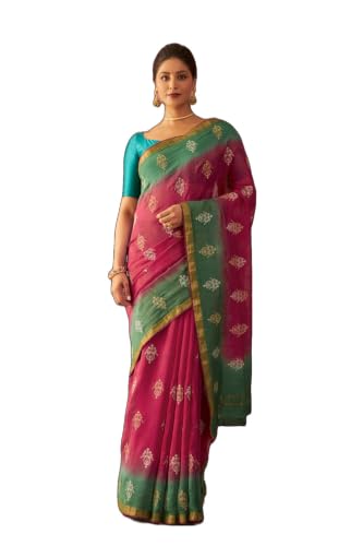 Taneira Pink Pure Silk Cotton Embroidered SareeWith Unstitched Blouse(SMABVAPSC0101-Pink)