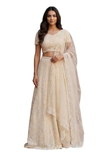 Aurelia Women's Beige Sequins Crop Top with Skirt and Dupatta Set - (AD10734-E608792-L)