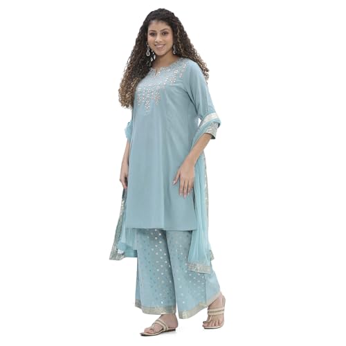 Biba Women Dull Blue Cotton Kalidar Suit Set_36