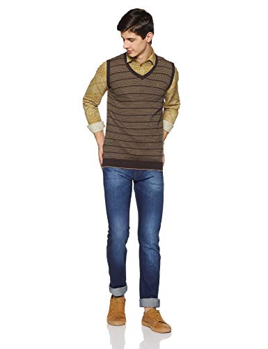 Louis Philippe Men Brown Stripe V Neck Sleeveless Sweater