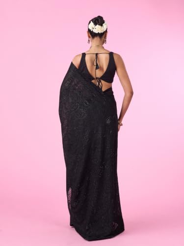 MOHEY Women's Georgette Stone Work & Thread Work Saree with Blouse Piece (Black)
