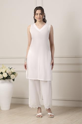 Biba Women White Cotton Straight Suit Set_38