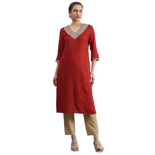 Biba Women Red Viscose Rayon Straight Solid Kurta_40