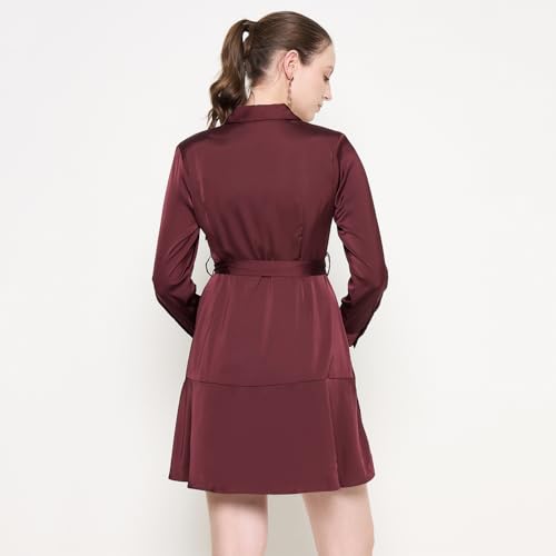 Madame Fabric Belted Cuff Sleeve Solid Chocolate Brown Satin Short Dress