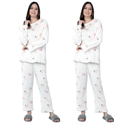 Cigain Women Printed Night Suit Pajamas Set Fleece Long Sleeve Warm Winter Sleepwear Pack Of2 Set (Mt4),white