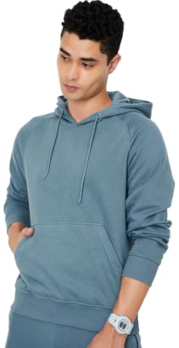 Max Men's Cotton Blend Round Neck Hooded Sweatshirt (SPCSSWN2451ATLIGHT Blue