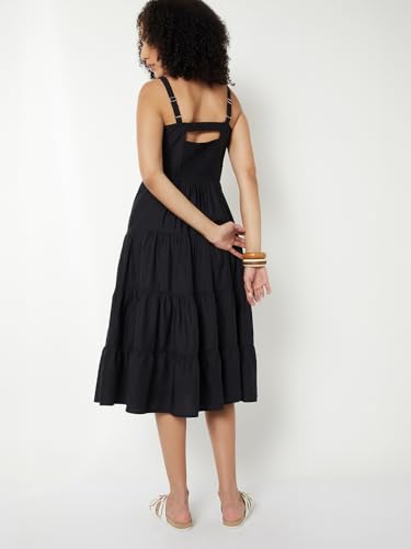 Max Women Embroidered Tiered Midi Dress (Black_S)