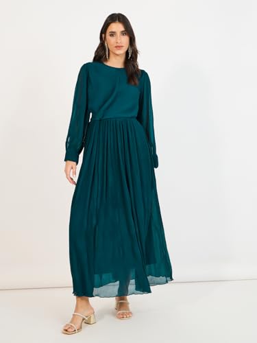 Styli Women Solid Round Neck Long Sleeves A-Line Maxi Dress | Navy Blue | Elegant & Flattering Fit | Perfect for Casual, Semi-Formal, and Formal Occasions | Zip Closure for Secure Fit