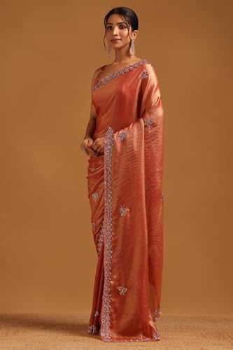 Soch Womens Rust Organza Floral Saree With Beaded