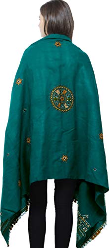 Exotic India Women's Shawl from Kutch with Central Embroidered Chakra and Mirrors Pure Wool Shawl (SWD54--alpine-green)