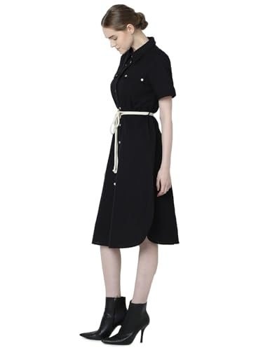 VERO MODA Women's Cotton Shirt Knee-Length Dress (9008843- Black