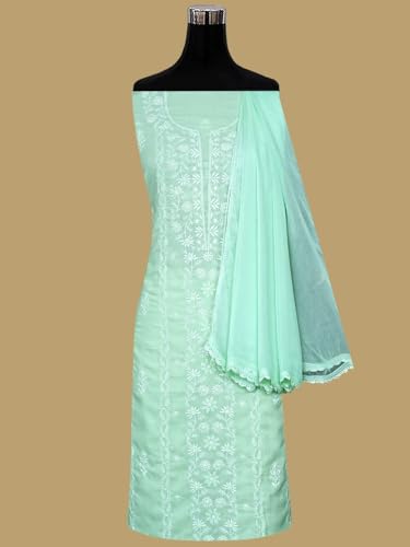 Ada Hand Embroidered Lucknowi Chikankari Unstitched Chanderi Dress Material Suit Piece with Dupatta for Women 01A773781 Celadon Green