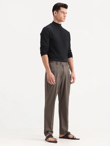 RARE RABBIT Men's Naji Dark Brown Cotton Blend Plain Relaxed Fit Trouser