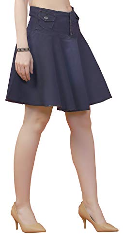 FCK-3 Stretchable Denim Dark Blue Color Flared Broad Waist Band Four Buttoned Lightly Faded Skirt for Women-32