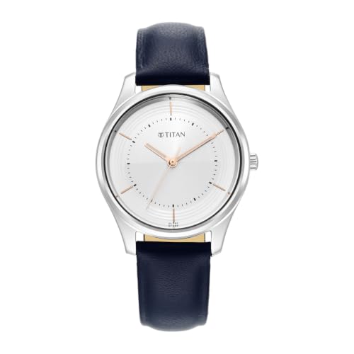 Titan Plain 3 Hands Work Wear Silver White Round Dial Blue Ceramic Leather Strap Womens Watch - NR2639SL07