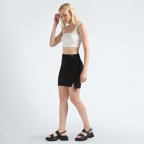 Tommy Hilfiger Polyester Black Solid Women Gathering Mini Skirt (S)