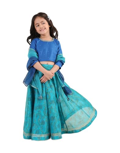 Fabindia Girls Cotton Silk Blend Blue Hand Block Print Round Neck 3Q Sleeves Celebration Regular Fit Lehenga Choli & Dupatta Set
