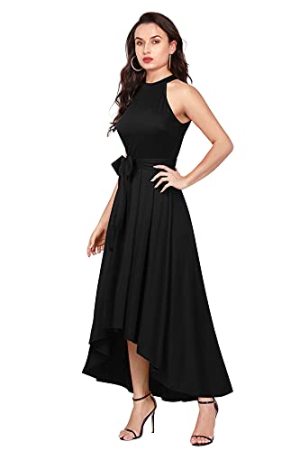 REMO - The Right Choice Women's Halter Neck Sleeveless Maxi Dress, Black, High-Low Hem with Waist Tie Belt (in, Alpha, M, Regular)