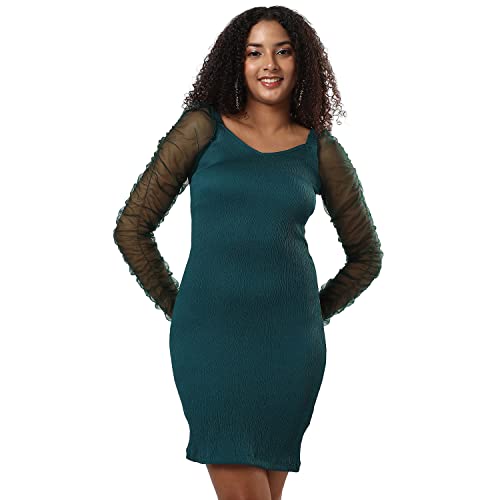 Campus Sutra Women's Solid Green Long Sleeve Mini Length Regular Fit Dress for Casual Wear | Sweetheart Neck Dress Crafted with Comfort Fit and High Performance for Everyday Wear