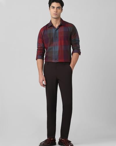 MUFTI Men Shirt | Slim Fit Spread Collar Plaid Tartan Design | 100% Cotton Twill Fabric with Chest Pocket & Curved Hem | Smart Casual Deep Burgundy Red 6XL