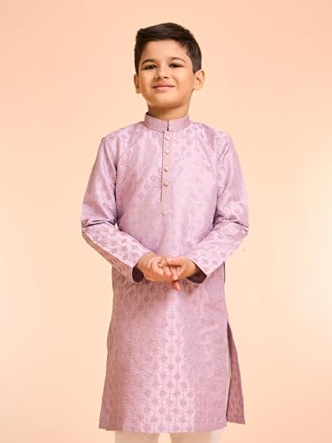Manyavar Boys Art Silk Thread Embroidery|Sequins Kurta Pyjama Set (Lilac,10-12Y)