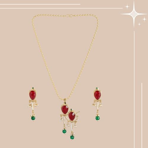 Mansiyaorange Two-Tone Plated Ruby Pearls Studded Bird Choker Necklace and Earrings Jewelry Set For Women Girls