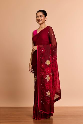 Taneira Women Dark Red Printed Embroidered Viscose Organza Saree with Unstitched Blouse Piece (SAIP14AC2558-Dark Red)
