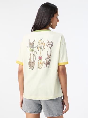 The Souled Store Pets On Prints: Women and Girls Short Sleeves Round Neck Cream Graphic Printed Cotton Lightweight Everyday Streetwear Oversized T-Shirt