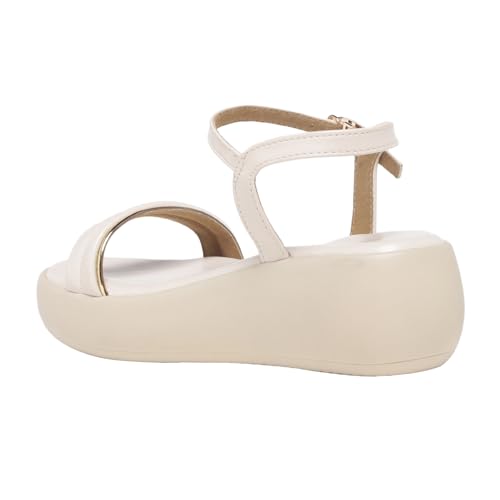 MONROW Fancy and Stylish Extra Cushioning and Comfortable Fashionable Light Weight Allday wear Vegan Wedge Heels for Women and Girls Cream 5UK