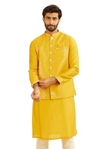 Manyavar Men's Viscose Blend Honeycomb Embroidery & Sequins Kurta Jacket Set (Mustard,L)
