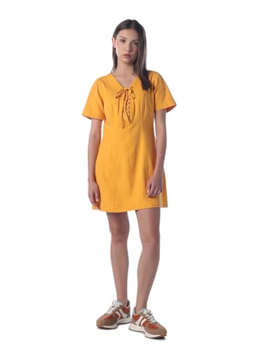ONLY Women's Solid Fit and Flare Mustard Dress