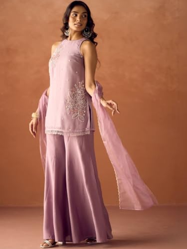 Women's Lavender Silk Blend Embroidered Kurti Set With Palazzo And Dupatta
