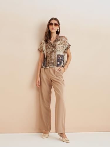 Latin Quarters Women's Beige Collar Neck Short Sleeves Printed Casual Shirt_L