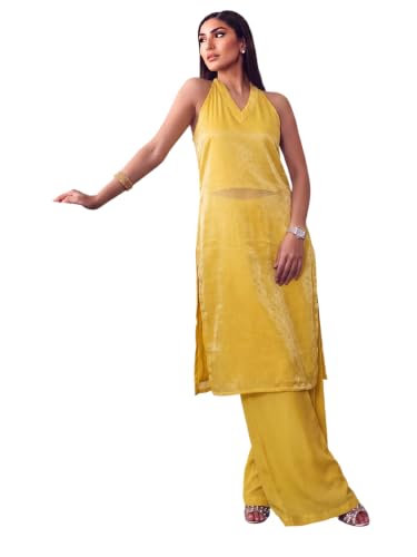Varanga Women Yellow Kurta Trousers Set V Neck Sleeveless Silk Blend