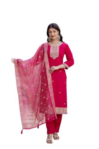 VARNI FABRICS: A lady's First Love Women's Viscose Chanderi Pink Embroidered Kurta Pant With And Bandhani Print Dupatta Set (IN, Alpha, 2XL, Regular)