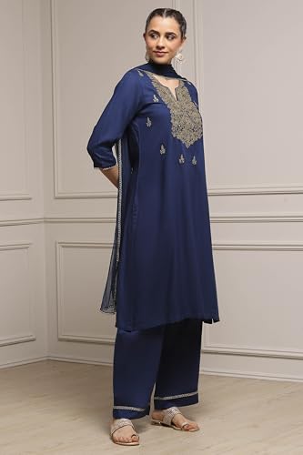 Biba Women Blue Viscose Rayon Straight Solid Suit Set_42