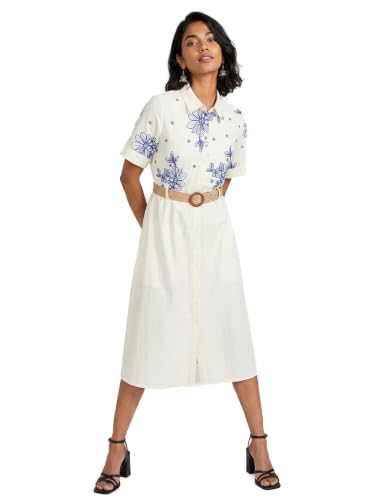 Max Women Embroidered Belted Midi Dress (White_L)