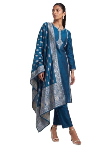 Max Women Woven Design Straight Kurta Set (Blue_M)