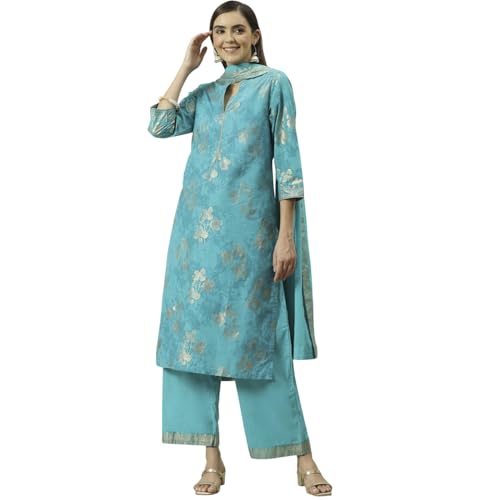 BIBA Women Cotton Straight Printed Suit Set(SKDSKD8043E_3XL_Turquoise)