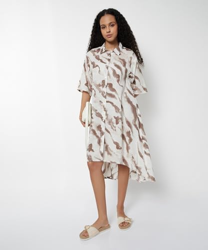 Max Women Printed High-Low Shirt Dress(White_XL)