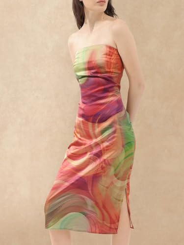 Rareism Women's Polyester Shoulder Strap Abstract Print Sleeveless Midi Bodycon Dress