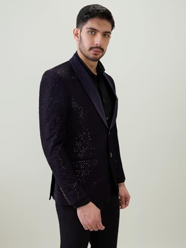 Raymond Men Regular Fit Structure Pattern Pure Polyester Shawl Collar Full Sleeve Ceremonial Suit Violet