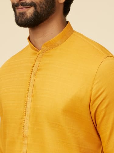 Manyavar Mustard Cotton Embroidery Kurta Pyjama Set