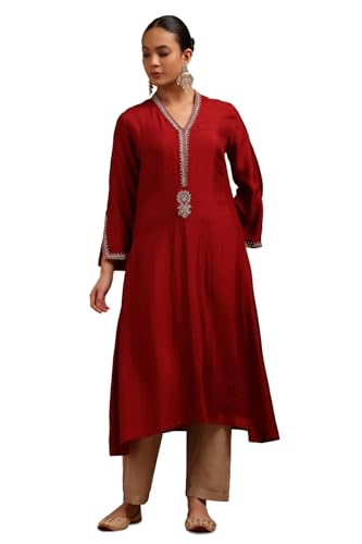 Soch Womens Maroon Dola Silk Solid Kurta