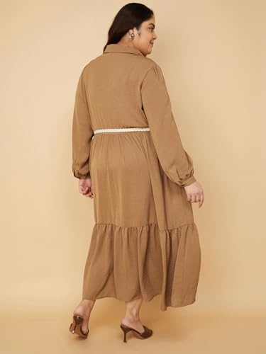 Max Women Textured A-line Tiered Shirt Dress with Belt (Beige_5XL)