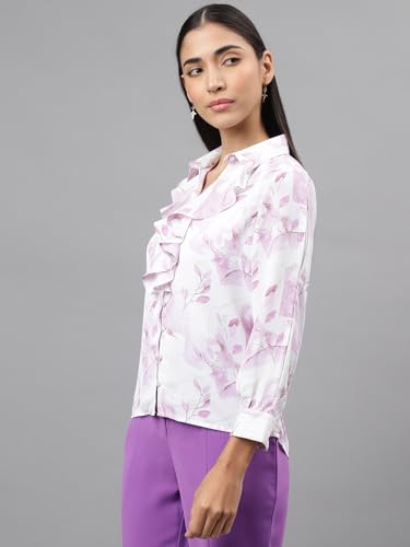 Latin Quarters Women Purple Full Sleeve Mandarin Collar Printed Top_L