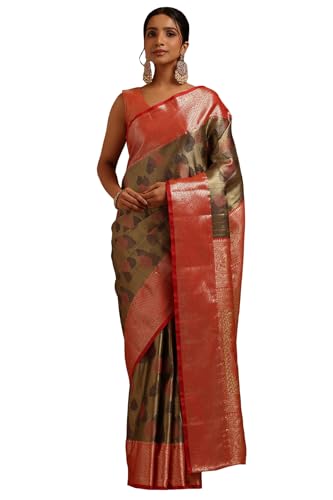 Soch Womens Olive Silk Blend Botanical Zari Woven Saree